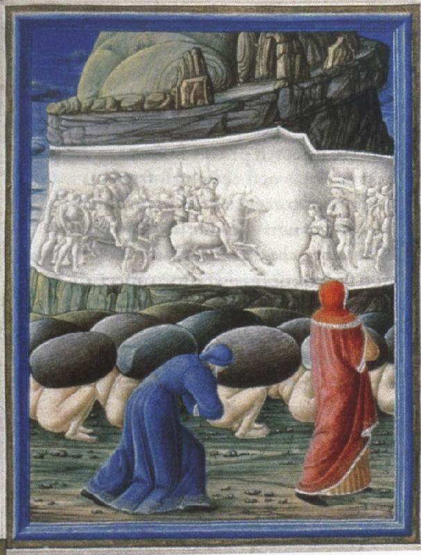  Dante,Guided by virgil bows before a relief depicting Emperor Trajan and the widow in canto X of the Purgatorio